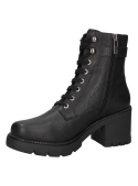 Botín negro de cuero para mujer, estilo casual con cordones y ojales metálicos, ideal para un look urbano chic.