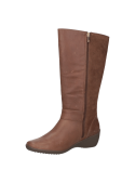 Bota de cuero café para mujer, diseño elegante con caña alta, perfecta para un look chic y femenino en climas fríos.
