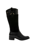 Bota negra casual de mujer en cuero y material elástico, diseño minimalista, ideal para clima frío.
