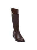 Bota femenina café con tacón bajo y ancho, confeccionada en cuero y material elástico, ideal para uso prolongado.