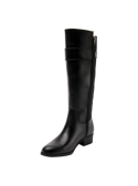 Bota casual negra de cuero, tacón cuadrado y robusto, estilo ecuestre, adecuada para actividades urbanas y eventos diurnos.