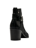 Botín negro de cuero para mujer, estilo casual, moderno y elegante, altura al tobillo y tacón cuadrado medio.
