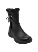 Bota de mujer en cuero negro, con detalles metálicos y forro sintético, combinable con ropa invernal.