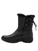 Bota de cuero negro para mujer, robusta y cómoda, ideal para actividades al aire libre en climas fríos.