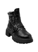 Calzado de cuero negro para mujer, estilo chunky, con costuras visibles y detalles grabados, ideal para salidas urbanas.