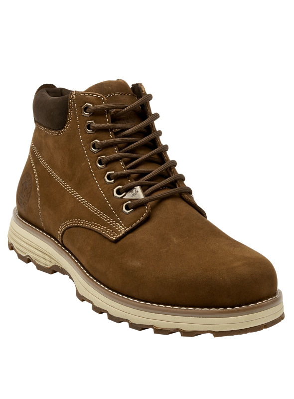 Botín camel de cuero gamuzado, estilo utilitario, suela con patrón de tracción, perfecto para un look urbano y práctico.