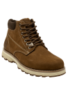 Botín de cuero gamuzado café, sistema de amarre con pasadores metálicos, ideal para un look urbano y práctico.
