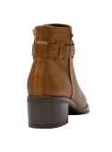 Botín camel de cuero para mujer, estilo casual, con correa y hebilla en la parte superior, ideal para otoño e invierno.