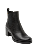 Botín de cuero negro con diseño Chelsea, perfecto para un look sofisticado.