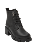 Botín negro de cuero para mujer, estilo casual con diseño militar, caña media y cordones, ideal para moda urbana.
