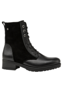 Botín negro de cuero para mujer, estilo casual y urbano, con cordones y ojales metálicos, ideal para el street style.