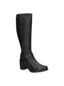 Bota negra de cuero para mujer, diseño clásico con tacón estable, adecuada para eventos formales y casuales.