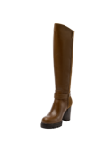 Bota de cuero café para mujer, estilo clásico hasta la rodilla con tacón alto y grueso, adecuada para eventos especiales.