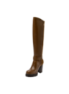 Bota de cuero café para mujer, estilo clásico hasta la rodilla con tacón alto y grueso, adecuada para eventos especiales.