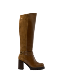 Bota de cuero café para mujer, elegante y sofisticada, perfecta para ocasiones formales y estilo ecuestre.
