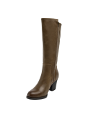 Bota de cuero café para mujer, minimalista y sofisticada, con tacón cuadrado que ofrece estabilidad y comodidad.