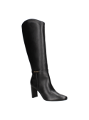 Bota negra de cuero para mujer, estilo casual y elegante, con diseño minimalista y etiqueta metálica en el empeine.