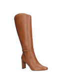 Bota de cuero café para mujer, estilo casual, con diseño elegante y sofisticado, ideal para ocasiones formales y casuales.