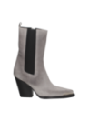 Botín vaquero gris de cuero gamuzado para mujer, con tacón ancho medio y elástico lateral para ajuste cómodo y moderno.