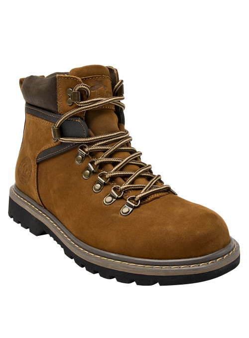 Botín aventurero de cuero camel, suela resistente y diseño robusto, adecuado para paseos urbanos o salidas al campo.