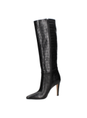 Bota negra de cuero para mujer con diseño elegante y sofisticado, ideal para ocasiones formales y eventos sociales.