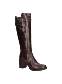 bota de cuero marrón para mujer, adecuada para otoño e invierno en Chile, ofreciendo estilo y comodidad.