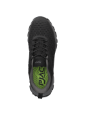 Zapatilla negra de trail running para hombre con diseño moderno y patrón geométrico, marca prominente.
