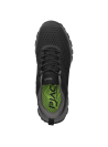 Zapatilla negra de trail running para hombre con diseño moderno y patrón geométrico, marca prominente.