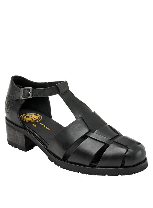 Sandalia de cuero negro con diseño versátil y cómodo, adecuada para almuerzos informales y reuniones casuales.