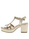 Sandalia dorada de cuero con taco bloque y diseño charol, perfecta para salidas veraniegas.