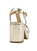 Sandalia de cuero dorado estilo charol para mujer, ideal para el verano con taco bloque de 8 cm.