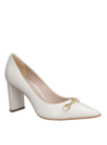 Zapato crema de cuero para mujer, estilo casual, con taco bloque de 8.5 cm y punta puntiaguda.