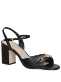 Sandalia negra de cuero para mujer, estilo casual con taco bloque de 7.5 cm y punta abierta.