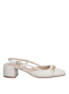 Elegante zapato de cuero crema, diseño casual femenino, punta redonda y taco bloque de 5 cm.