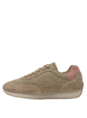 vista del material de cuero y textil en la zapatilla taupe de mujer, estilo casual.