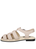 Sandalia de cuero beige para mujer, ideal para un look fresco en verano, con punta abierta y taco bajo.