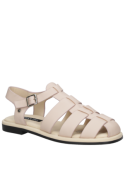 Sandalia beige de cuero para mujer, estilo casual, con taco plano de 2 cm y punta abierta.