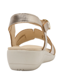 Moderna sandalia de cuero oro para mujer, estilo casual, diseño veraniego y funcional.