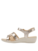 Sandalia casual de cuero oro para mujer, con forro de poliuretano, cómoda y duradera.