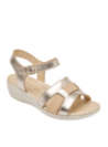 Elegante sandalia de cuero oro para mujer, diseño casual, perfecta para salidas veraniegas.