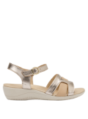 Sandalia de cuero oro para mujer, estilo casual, ideal para el verano, con taco plano de 3.5 cm.