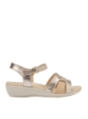 Sandalia de cuero oro para mujer, estilo casual, ideal para el verano, con taco plano de 3.5 cm.