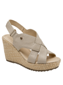 Sandalia de cuero taupe, diseño casual femenino con cuña alta, ideal para verano.