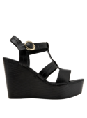 Sandalia de cuero negro para mujer, estilo casual, con taco cuña de 10 cm y punta abierta.