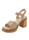 Sandalia casual de mujer en cuero beige, taco bloque, perfecta para salidas veraniegas.