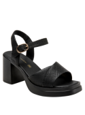 Sandalia negra de mujer en cuero con taco bloque de 8 cm, estilo casual para el verano.