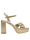 Tacones gruesos dorados en sandalia de charol, adecuados para matrimonios, cenas elegantes o fiestas con estilo.
