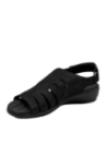 Sandalia casual de cuero negro para mujer con forro suave y plantilla confortable.