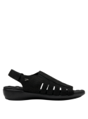 Sandalia negra de cuero casual para mujer con punta abierta y taco plano de 3.5 cm.