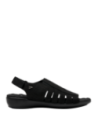 Sandalia negra de cuero casual para mujer con punta abierta y taco plano de 3.5 cm.